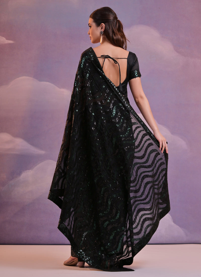 Vegaa Fashion Black Soft Georgette Leriya Sequence Work Saree | Grocsy