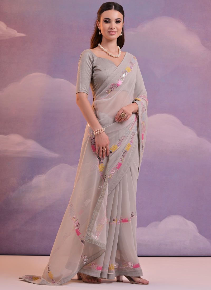 Vegaa Fashion Beige Soft Georgette Sequence Work Saree | Grocsy