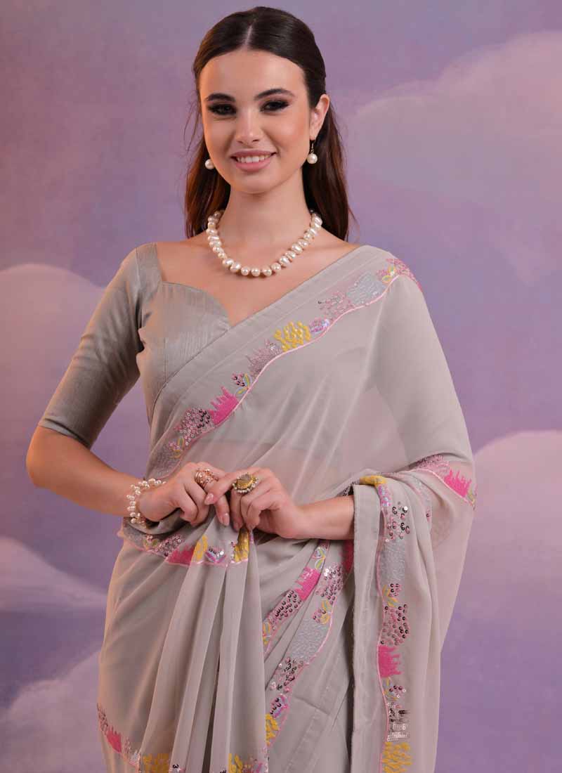 Vegaa Fashion Beige Soft Georgette Sequence Work Saree | Grocsy