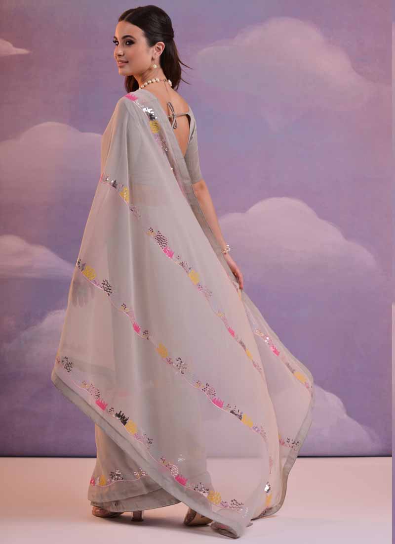 Vegaa Fashion Beige Soft Georgette Sequence Work Saree | Grocsy