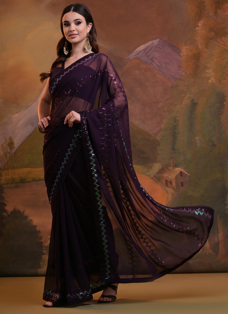 Vegaa Fashion Wine Soft Georgette Sequence Work Saree | Grocsy