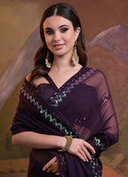 Vegaa Fashion Wine Soft Georgette Sequence Work Saree | Grocsy