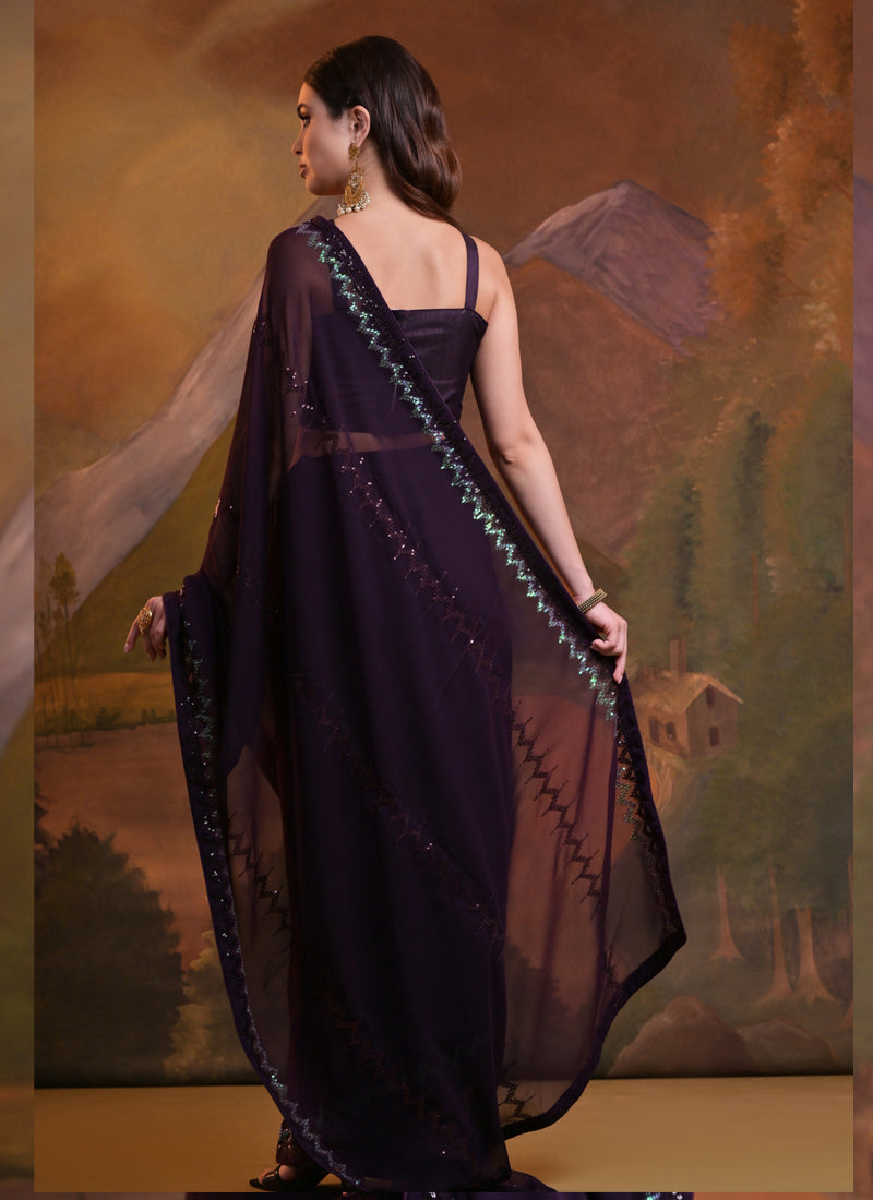 Vegaa Fashion Wine Soft Georgette Sequence Work Saree | Grocsy