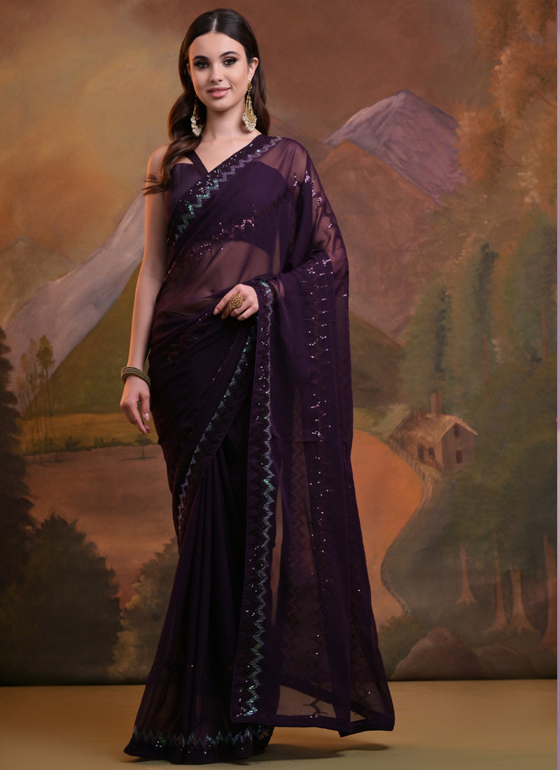 Vegaa Fashion Wine Soft Georgette Sequence Work Saree | Grocsy