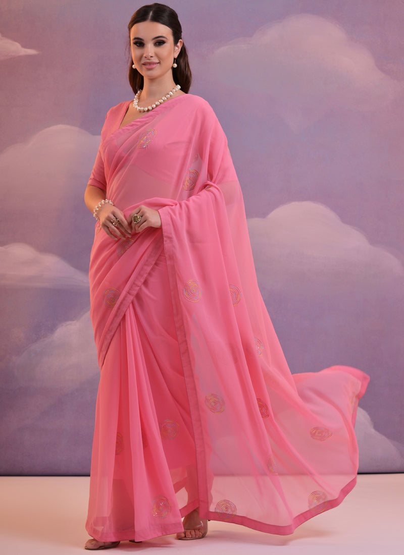 Vegaa Fashion Pink Soft Georgette Sequence Work Saree | Grocsy