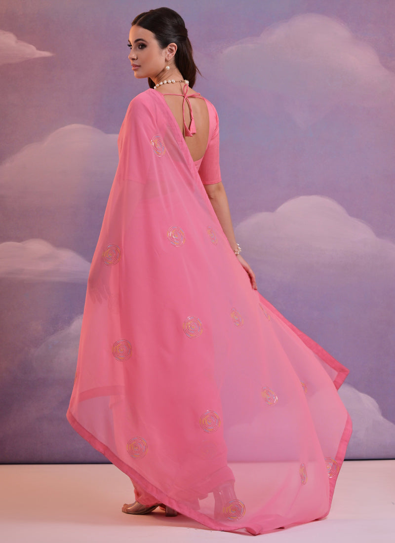 Vegaa Fashion Pink Soft Georgette Sequence Work Saree | Grocsy