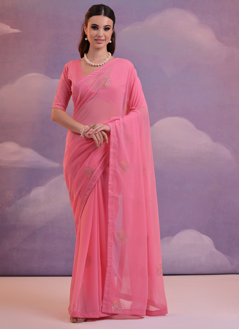 Vegaa Fashion Pink Soft Georgette Sequence Work Saree | Grocsy