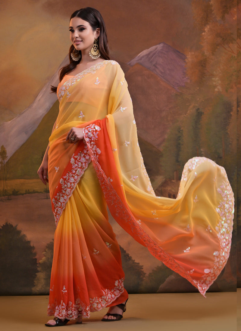 Vegaa Fashion Yellow Soft Georgette Sequence Work Saree | Grocsy