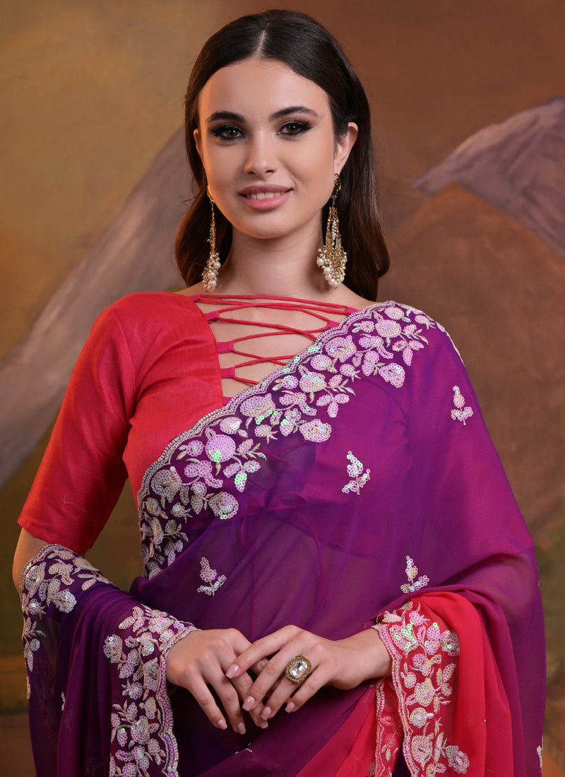 Vegaa Fashion Purple Soft Georgette Sequence Work Saree | Grocsy
