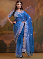 Vegaa Fashion Royal Blue Soft Georgette Sequence Work Saree | Grocsy