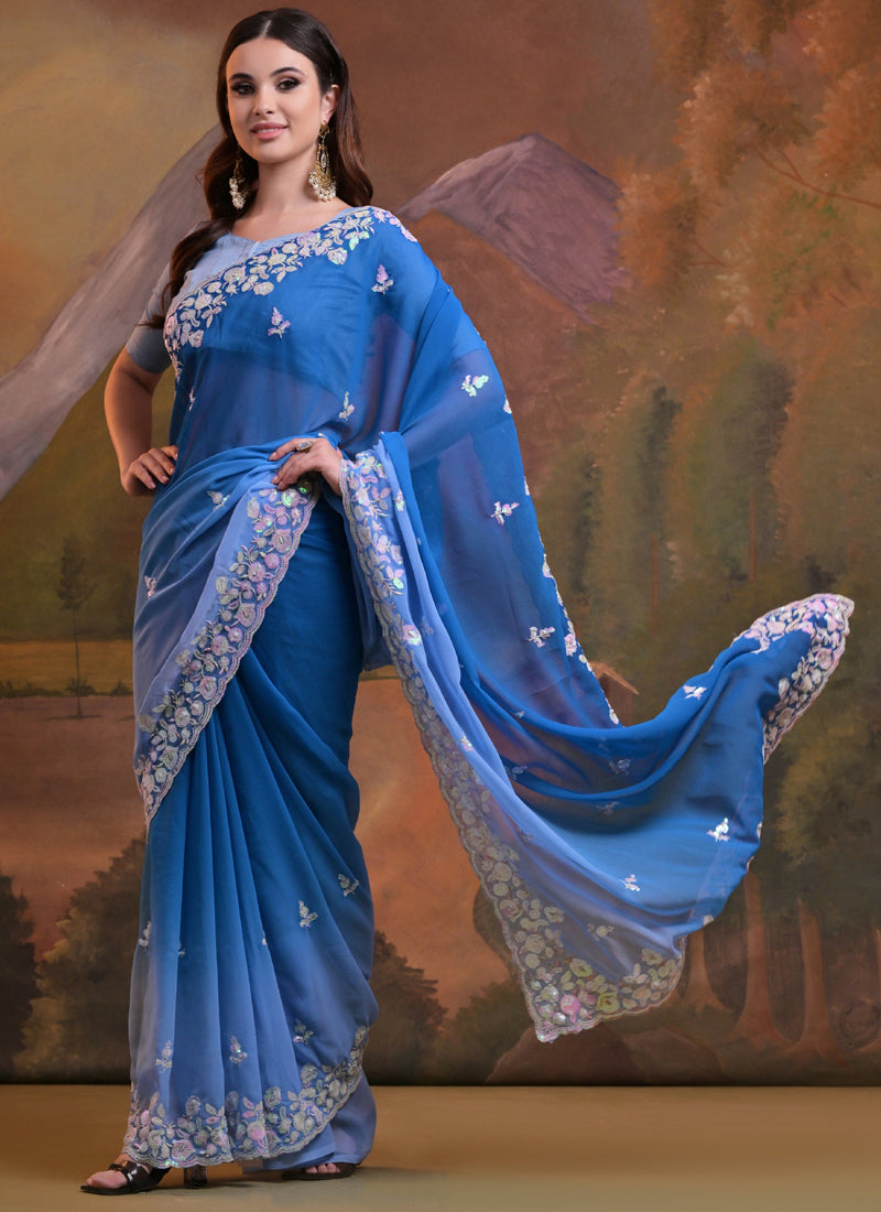 Vegaa Fashion Royal Blue Soft Georgette Sequence Work Saree | Grocsy