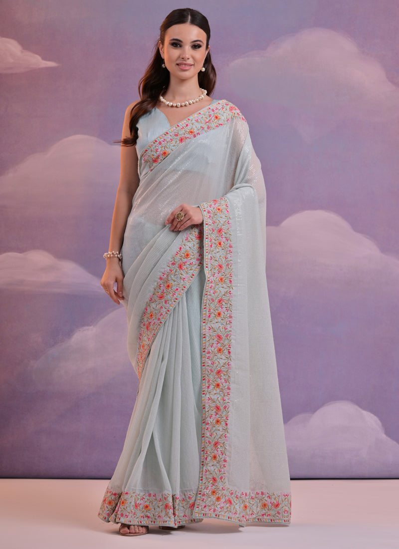 Vegaa Fashion Light Grey Soft Georgette Sequence Flower Work Saree | Grocsy