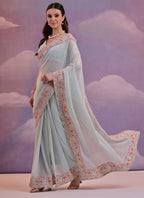 Vegaa Fashion Light Grey Soft Georgette Sequence Flower Work Saree | Grocsy