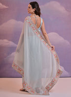 Vegaa Fashion Light Grey Soft Georgette Sequence Flower Work Saree | Grocsy