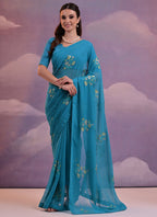 Vegaa Fashion Blue Soft Georgette Sequence Flower Work Saree | Grocsy