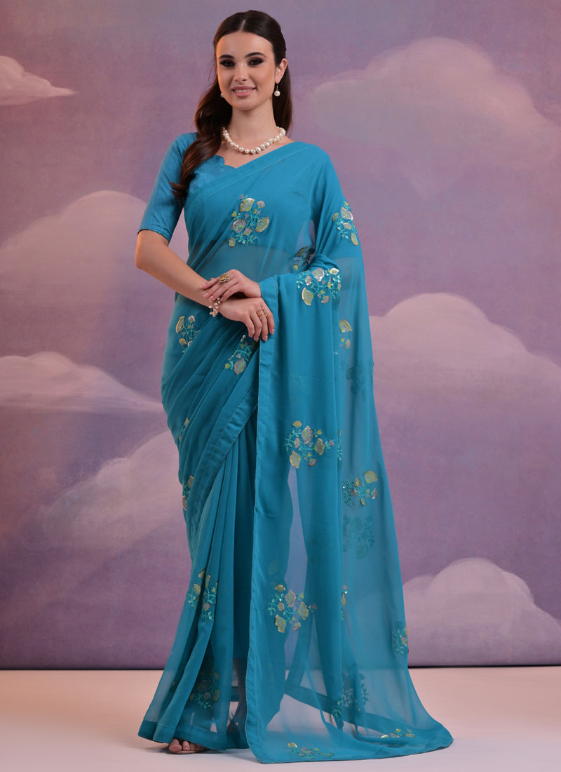Vegaa Fashion Blue Soft Georgette Sequence Flower Work Saree | Grocsy