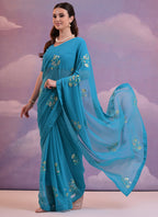 Vegaa Fashion Blue Soft Georgette Sequence Flower Work Saree | Grocsy