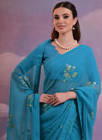 Vegaa Fashion Blue Soft Georgette Sequence Flower Work Saree | Grocsy