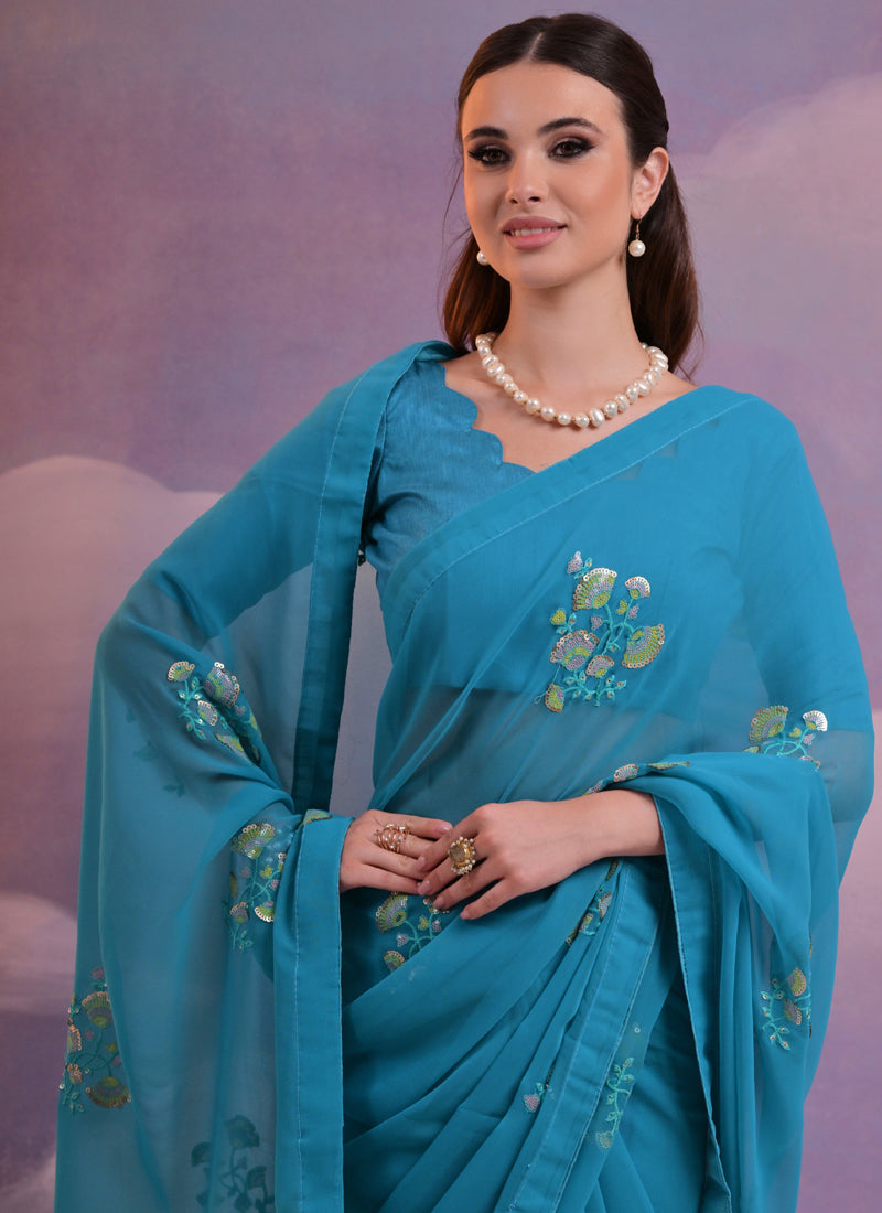 Vegaa Fashion Blue Soft Georgette Sequence Flower Work Saree | Grocsy
