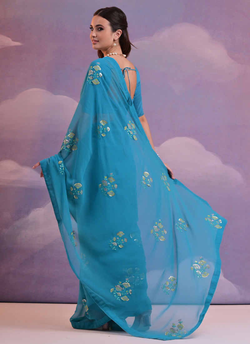 Vegaa Fashion Blue Soft Georgette Sequence Flower Work Saree | Grocsy