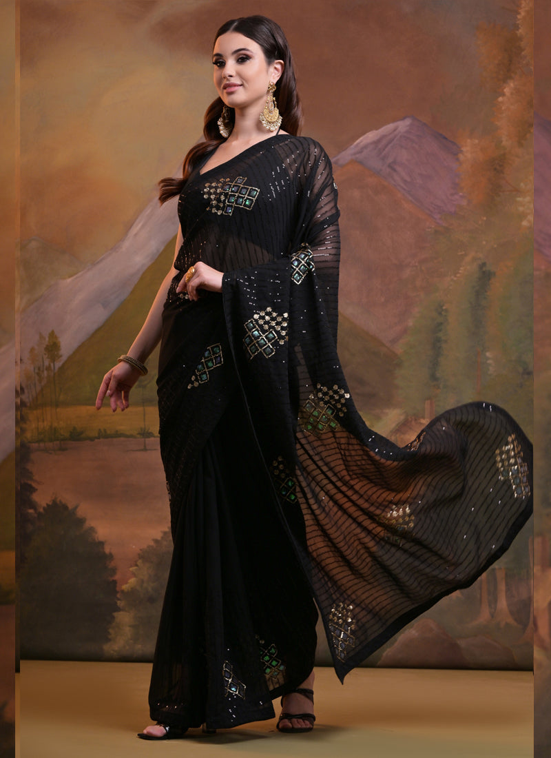 Vegaa Fashion Black Soft Georgette Sequence Work Saree | Grocsy