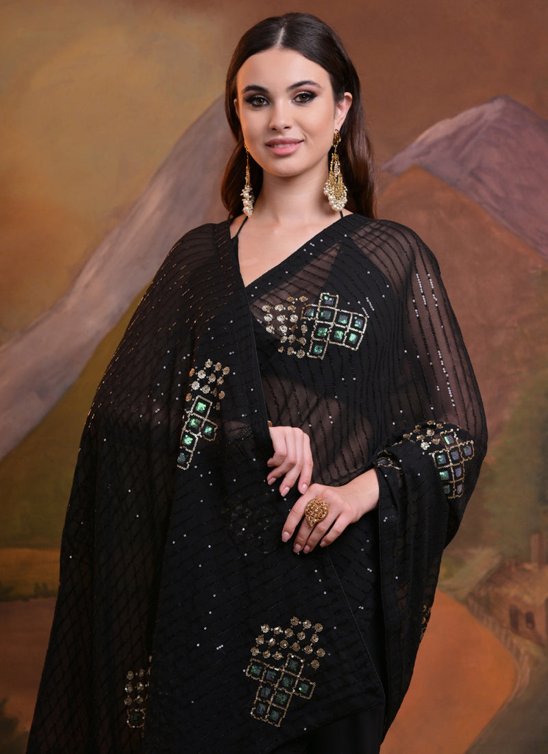 Vegaa Fashion Black Soft Georgette Sequence Work Saree | Grocsy
