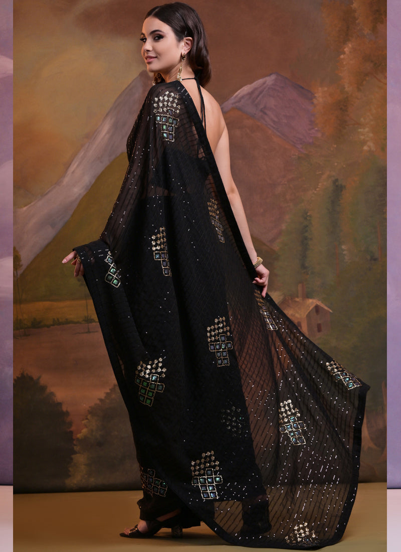 Vegaa Fashion Black Soft Georgette Sequence Work Saree | Grocsy