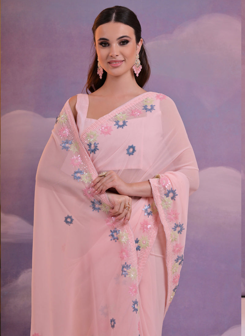 Vegaa Fashion Light Pink Soft Georgette Sequence Work Saree | Grocsy