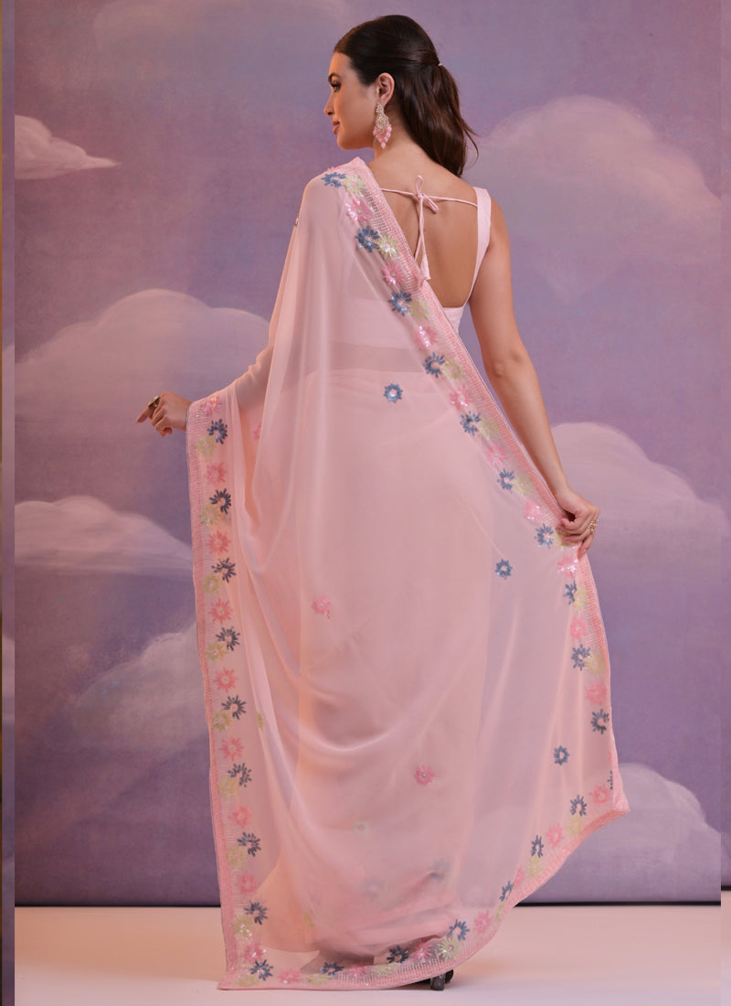 Vegaa Fashion Light Pink Soft Georgette Sequence Work Saree | Grocsy