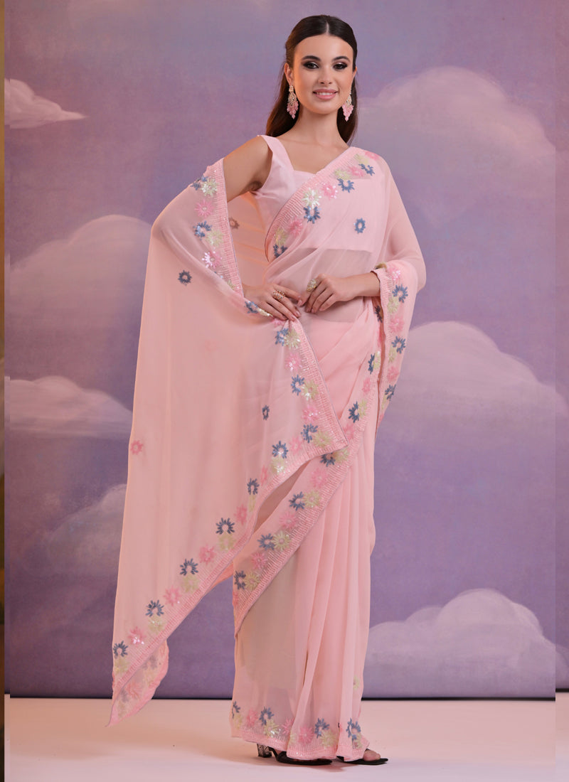 Vegaa Fashion Light Pink Soft Georgette Sequence Work Saree | Grocsy