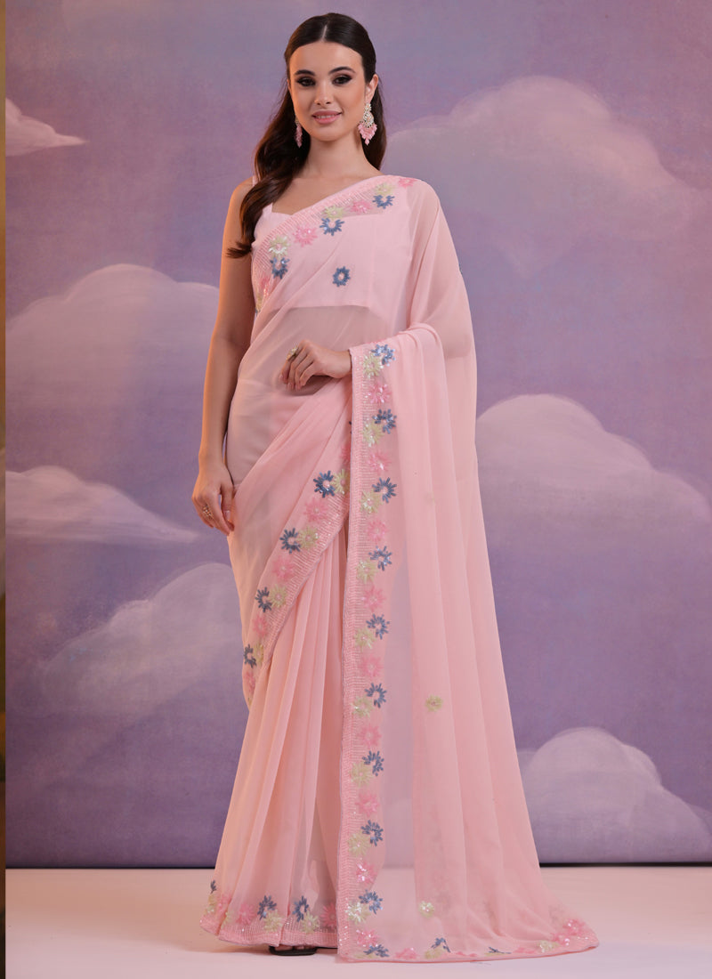 Vegaa Fashion Light Pink Soft Georgette Sequence Work Saree | Grocsy