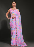 Vegaa Fashion Light Pink Georgette Prizam Print Mirror Work Saree | Grocsy