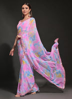 Vegaa Fashion Light Pink Georgette Prizam Print Mirror Work Saree | Grocsy