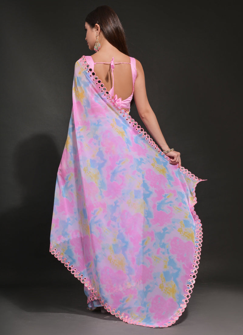 Vegaa Fashion Light Pink Georgette Prizam Print Mirror Work Saree | Grocsy