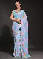 Vegaa Fashion Light Blue Georgette Prizam Print Mirror Work Saree | Grocsy