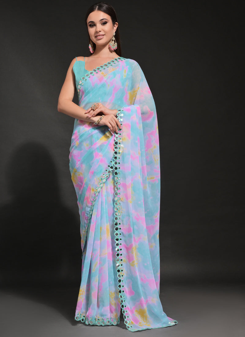 Vegaa Fashion Light Blue Georgette Prizam Print Mirror Work Saree | Grocsy