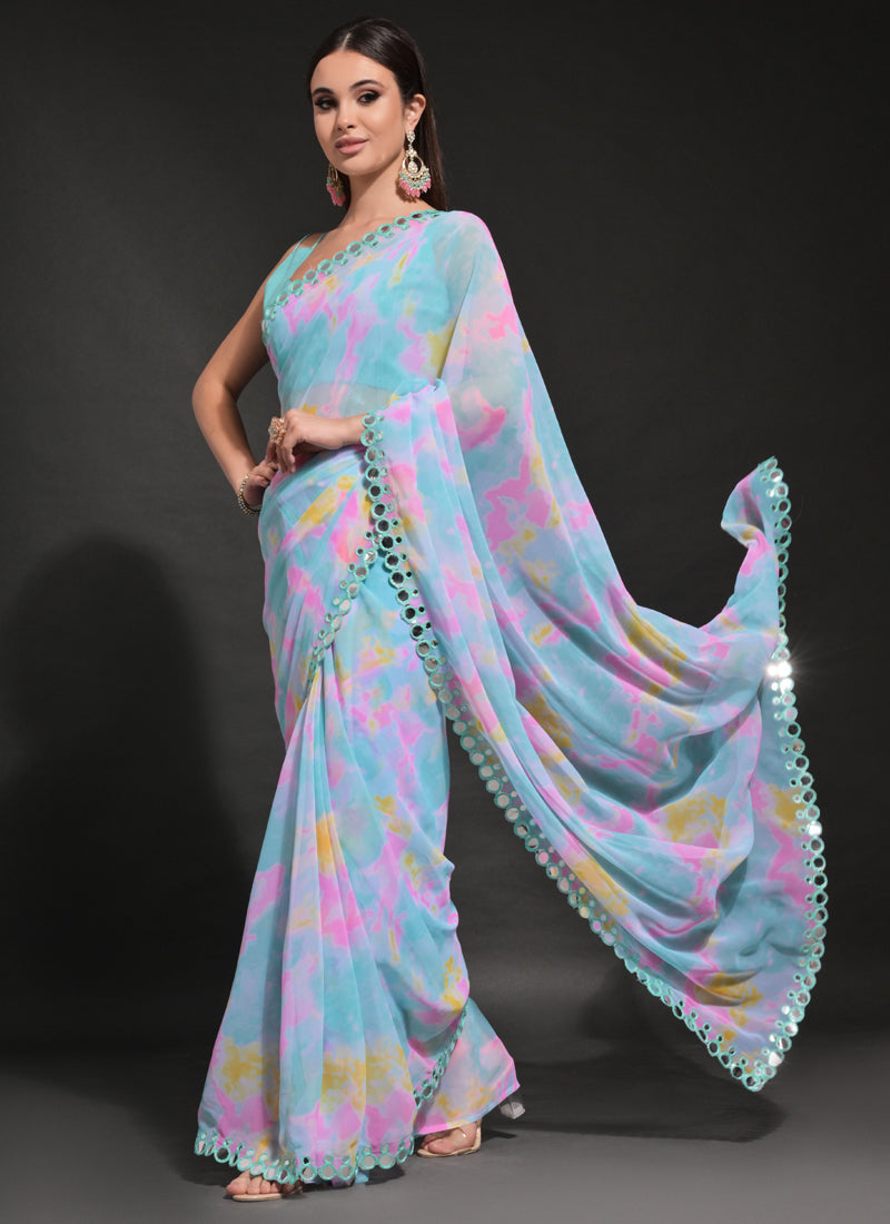 Vegaa Fashion Light Blue Georgette Prizam Print Mirror Work Saree | Grocsy