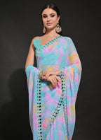 Vegaa Fashion Light Blue Georgette Prizam Print Mirror Work Saree | Grocsy