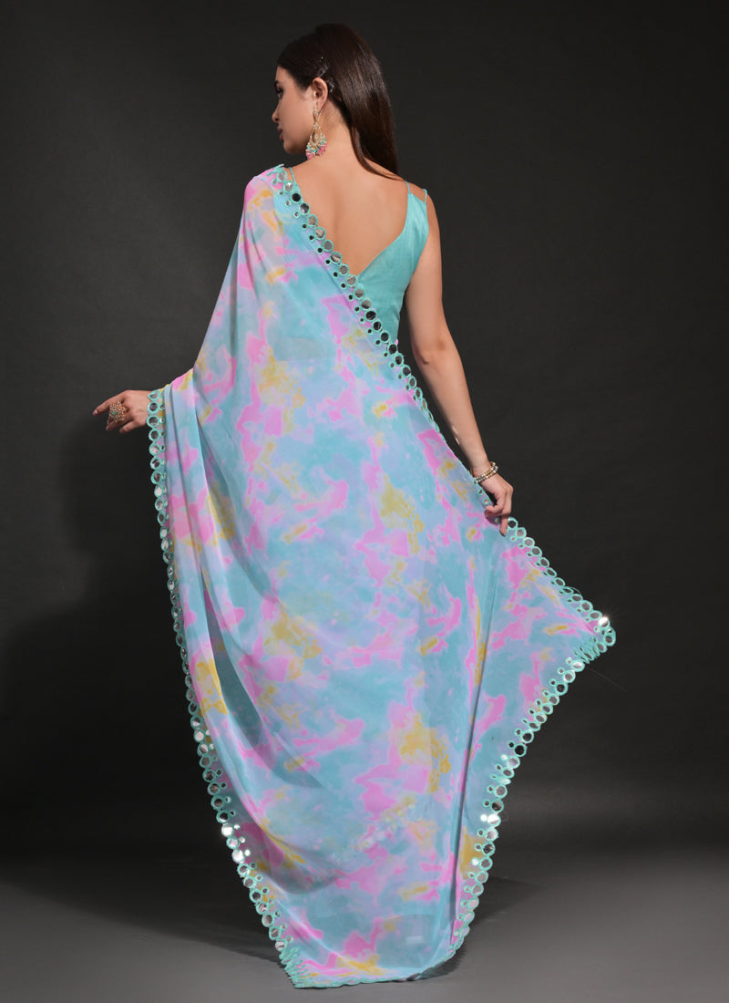 Vegaa Fashion Light Blue Georgette Prizam Print Mirror Work Saree | Grocsy