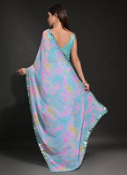 Vegaa Fashion Light Blue Georgette Prizam Print Mirror Work Saree | Grocsy