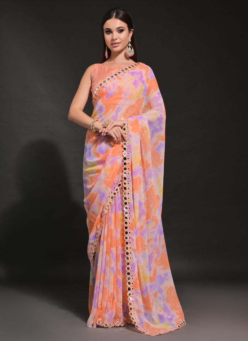 Vegaa Fashion Orange Georgette Prizam Print Mirror Work Saree | Grocsy