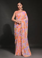 Vegaa Fashion Orange Georgette Prizam Print Mirror Work Saree | Grocsy