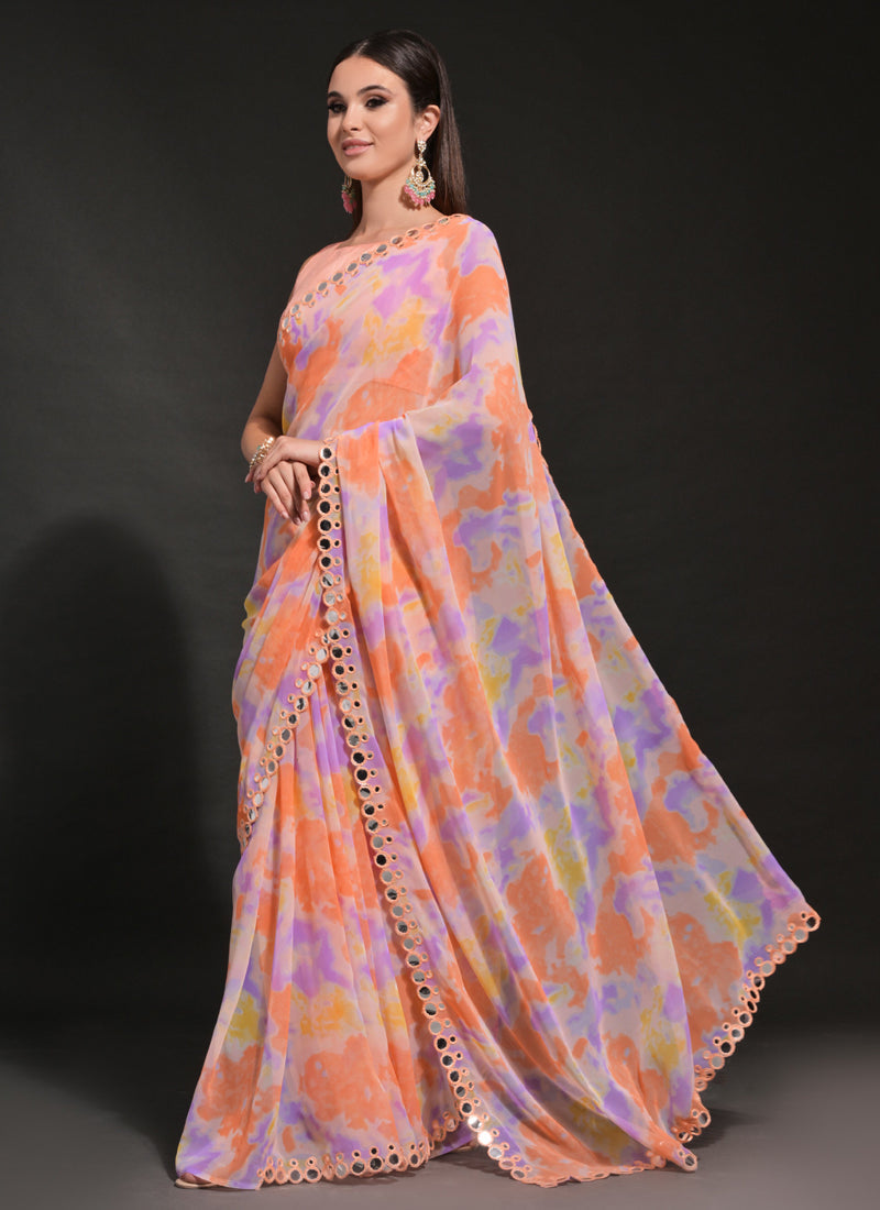 Vegaa Fashion Orange Georgette Prizam Print Mirror Work Saree | Grocsy
