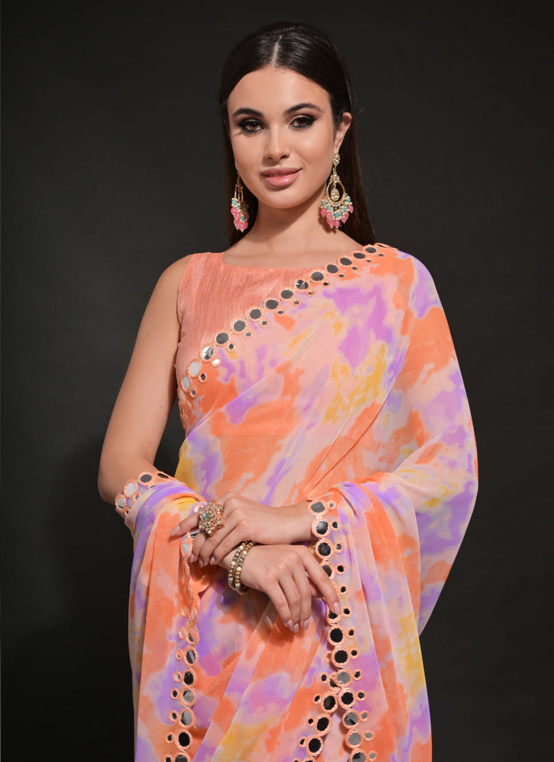 Vegaa Fashion Orange Georgette Prizam Print Mirror Work Saree | Grocsy