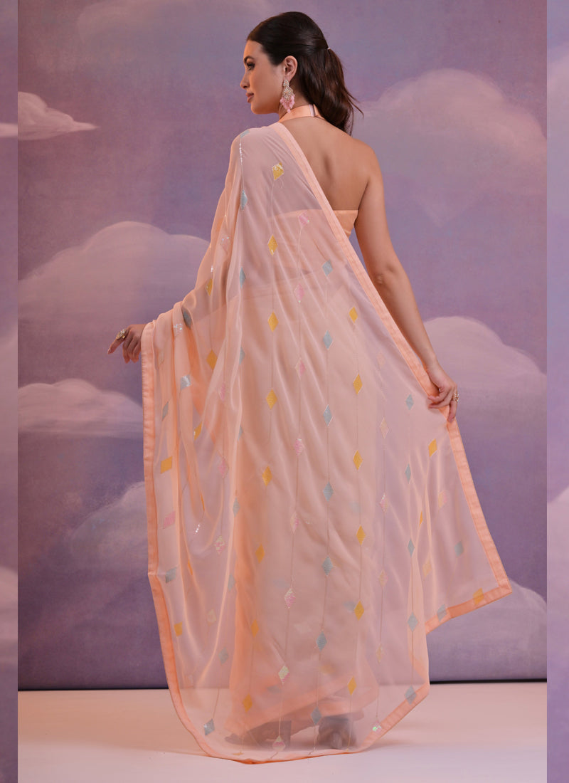 Vegaa Fashion Light Peach Soft Georgette Sequence Work Saree | Grocsy