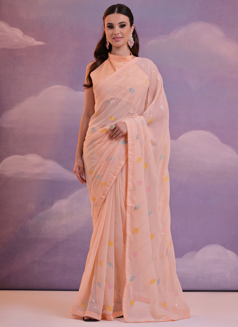 Vegaa Fashion Light Peach Soft Georgette Sequence Work Saree | Grocsy