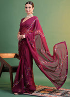 Vegaa Fashion Wine Georgette Sequence Party Wear Saree | Grocsy