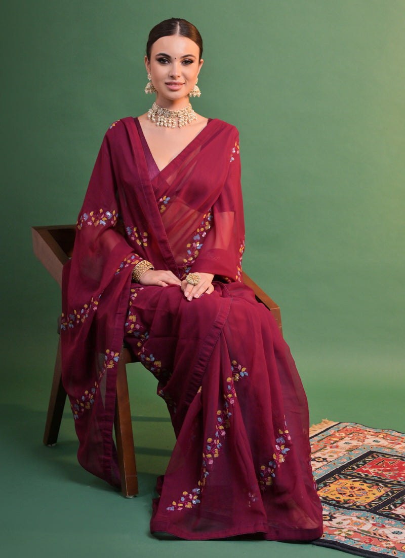 Vegaa Fashion Wine Georgette Sequence Party Wear Saree | Grocsy