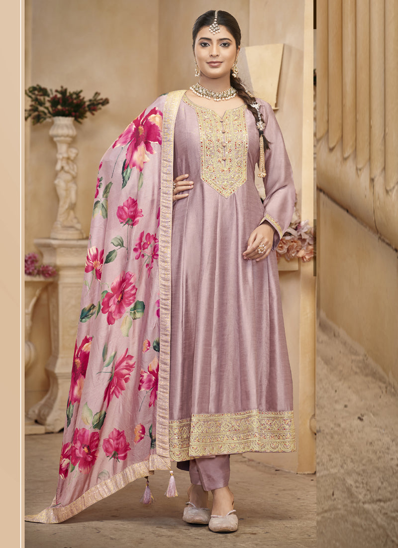 Vegaa Fashion Light Onion Pink Vichitra Silk Embroidered Anarkali Suit | Grocsy