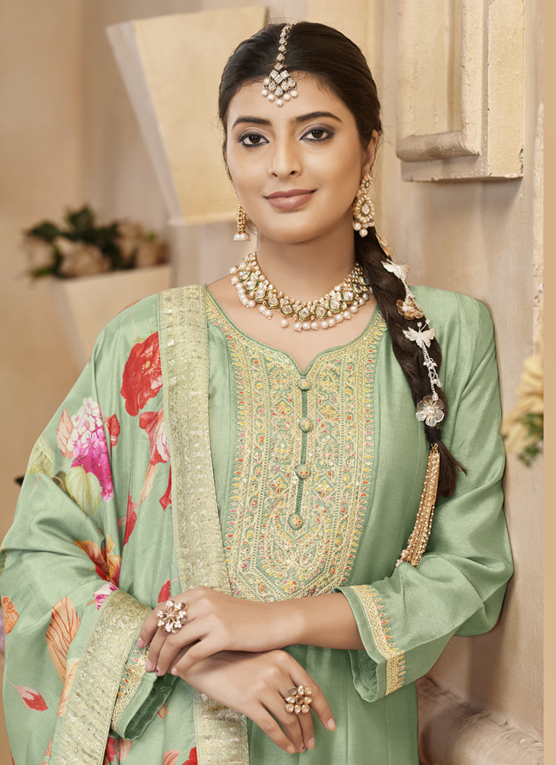 Vegaa Fashion Light Pista Vichitra Silk Embroidered Anarkali Suit | Grocsy